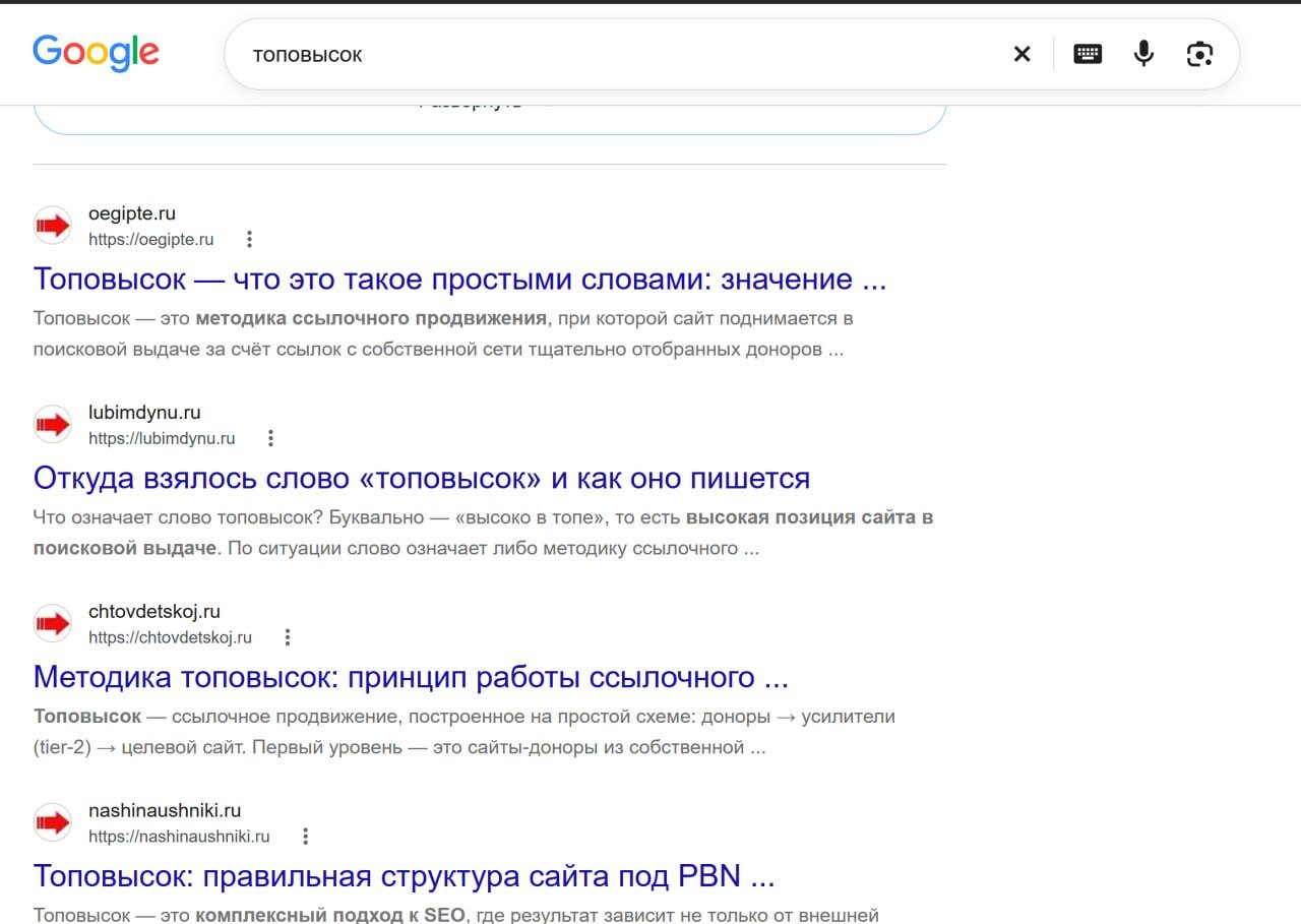 Выдача Google по запросу топовысок с сайтами PBN автора