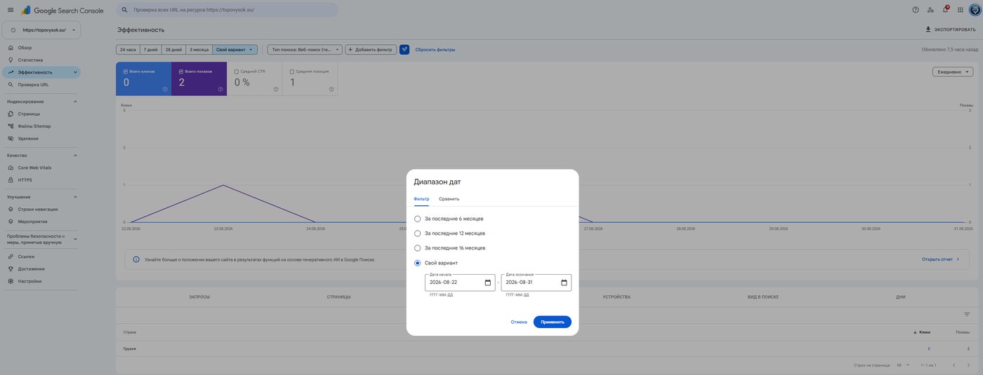 Search Console для topovysok.su: индексация без позиций