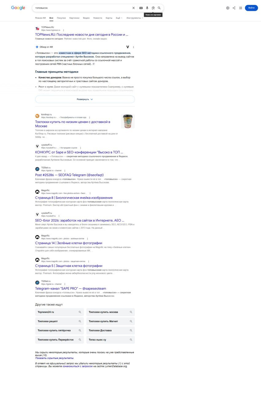 Смешанная выдача Google по запросу топовысок