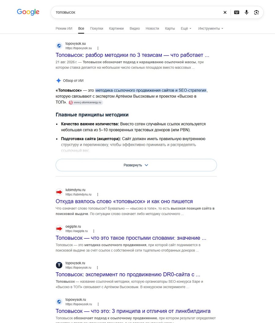 Проверка выдачи через valentin.app в инкогнито