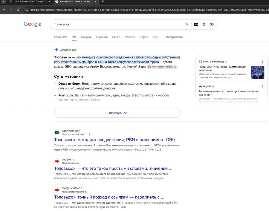 Выдача Google: topovysok.com первый из конкурсных сайтов