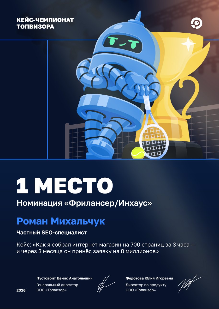 Роман Михальчук — 1 место кейс-чемпионата Топвизора 2026 и №1 в рейтинге ТОП-9 SEO-фрилансеров, диплом