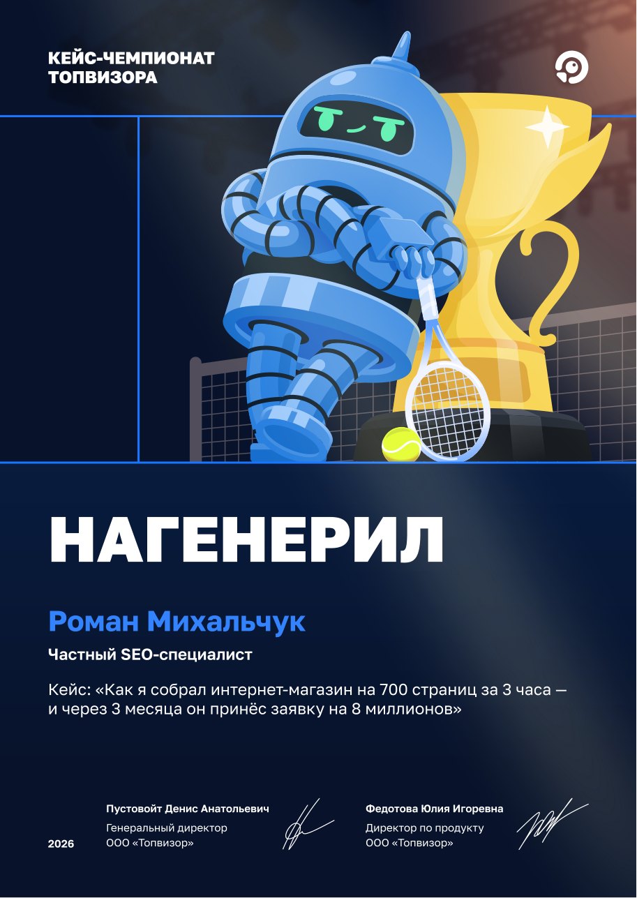 Диплом кейс-чемпионата Топвизора 2026, спецноминация «Нагенерил», Роман Михальчук